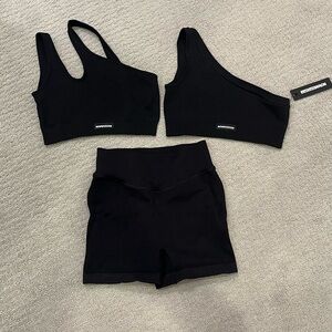Nova Sport Size Small Ribbed Black One-Shoulder Sports Bra and Shorts Set